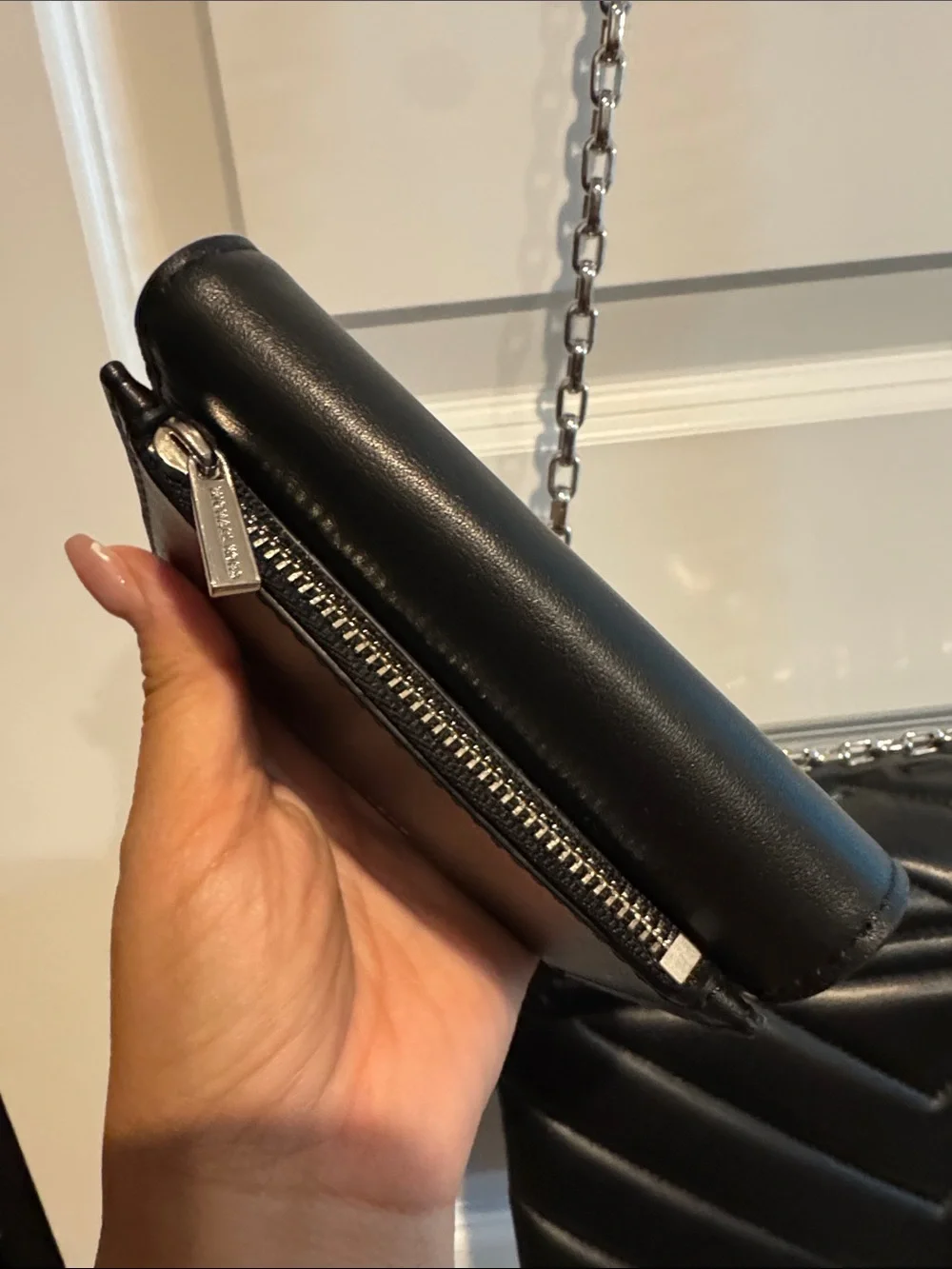 Michael Kors Black Quilted Leather Shoulder Bag with Silver Chain with wallet